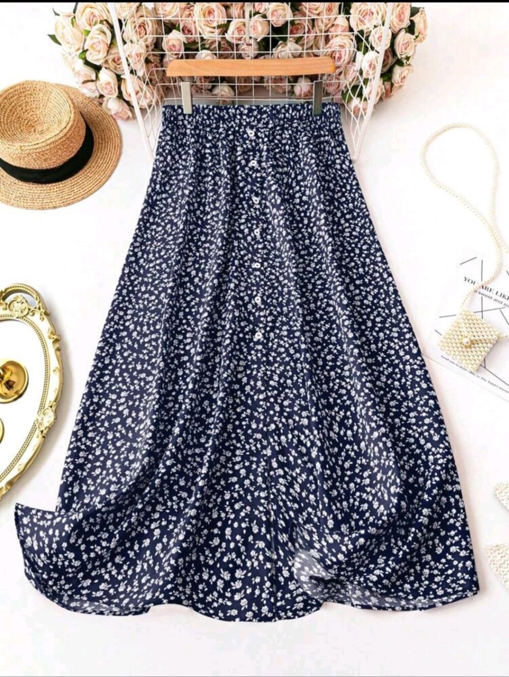 BRAND NEW ** Women’s Navy Floral A-Line Midi Skirt